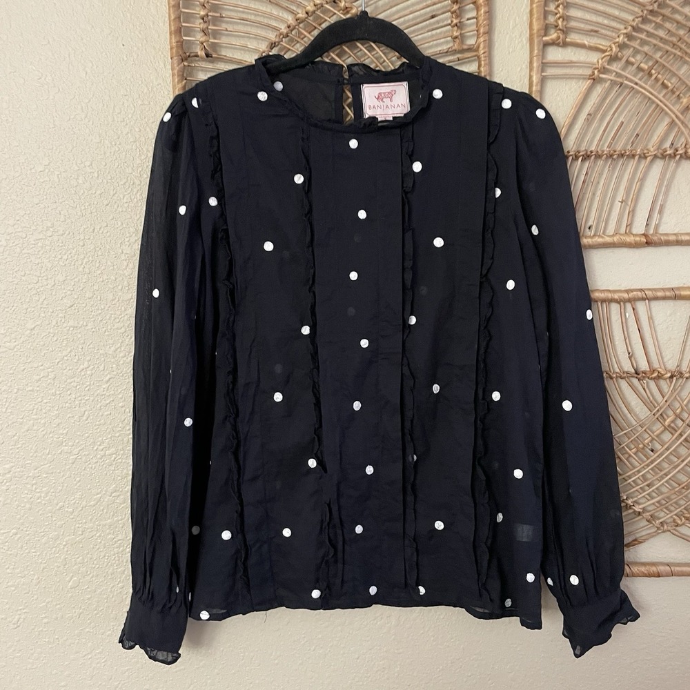 Banjanan‎ Black Polka Dot Blouse Top Semi-Sheer Lightweight Classic Preppy S B20